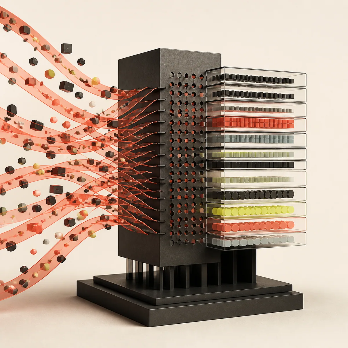 A sculptural data system sorting scattered inputs into structured layers